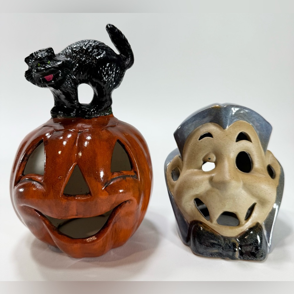 Vtg Ceramic Mold Black Cat Pumpkin Jack-O-Lantern & Dracula Candle Holders